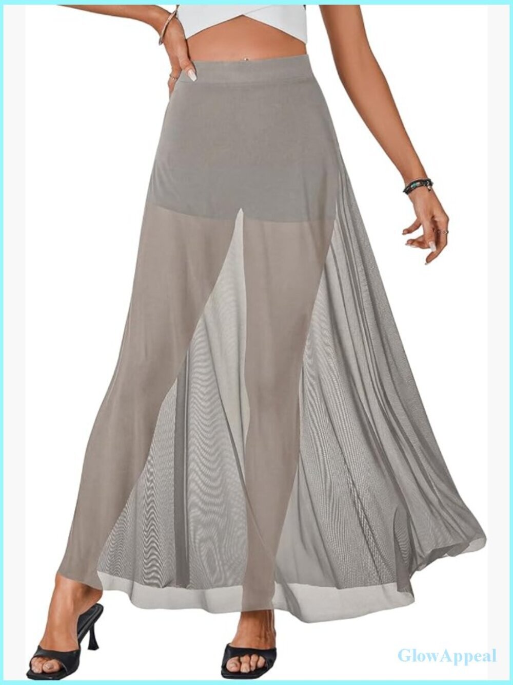 Sheer Mesh Maxi Skirt High Waisted A-Line Flowy See Through Long Skirt Club